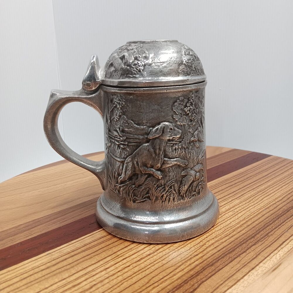 Vintage 1981 Wilton Armetale Bruce Fox Lidded Mug Stein Hunting Dog Game Birds